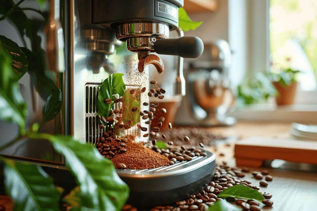 Machine à café à grains, tasse d’expresso et sachet de café sur plan de travail