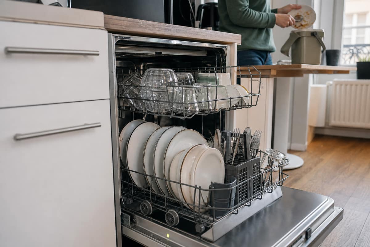 Lave-vaisselle ouvert et bien chargé dans une cuisine française lumineuse