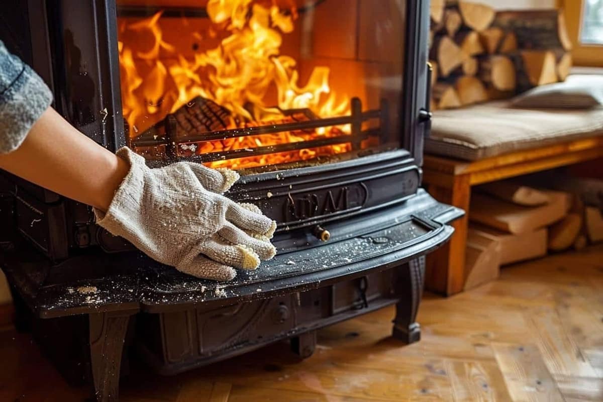 Poêle à bois propre avec bûches sèches, seau à cendres et outils d’entretien
