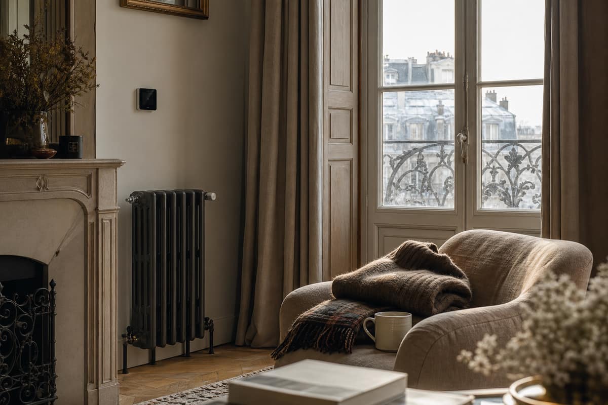 Salon français sobre avec plaid, thermostat et volets fermés en hiver