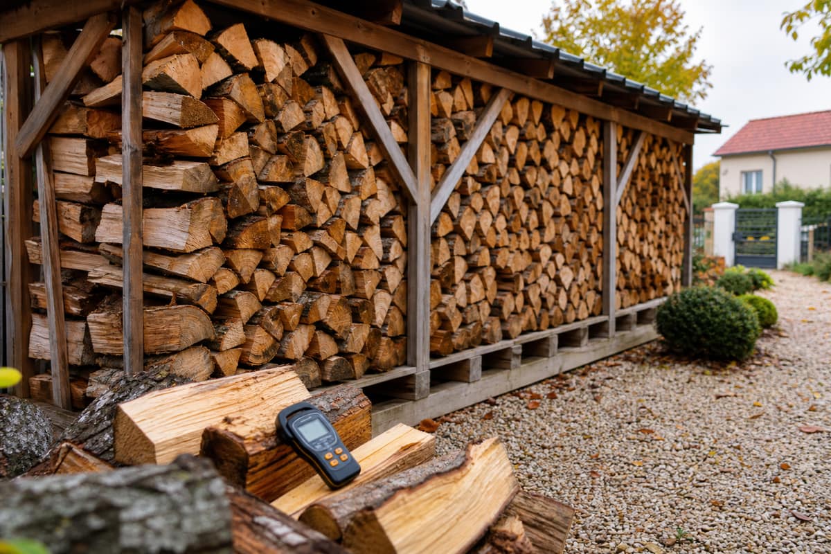 Abri de jardin ventilé avec bûches fendues, surélevées et protégées par un toit
