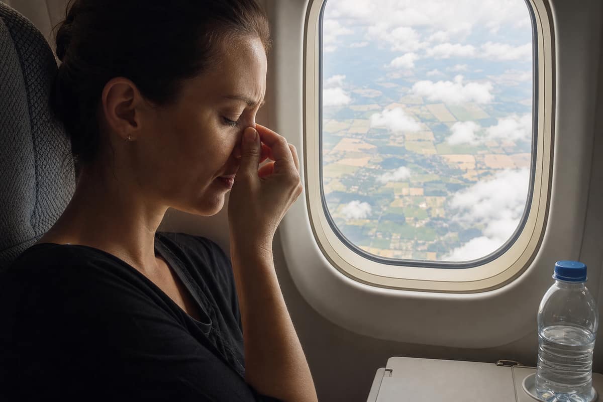 Passagère près du hublot qui se pince le nez pendant la descente de l’avion