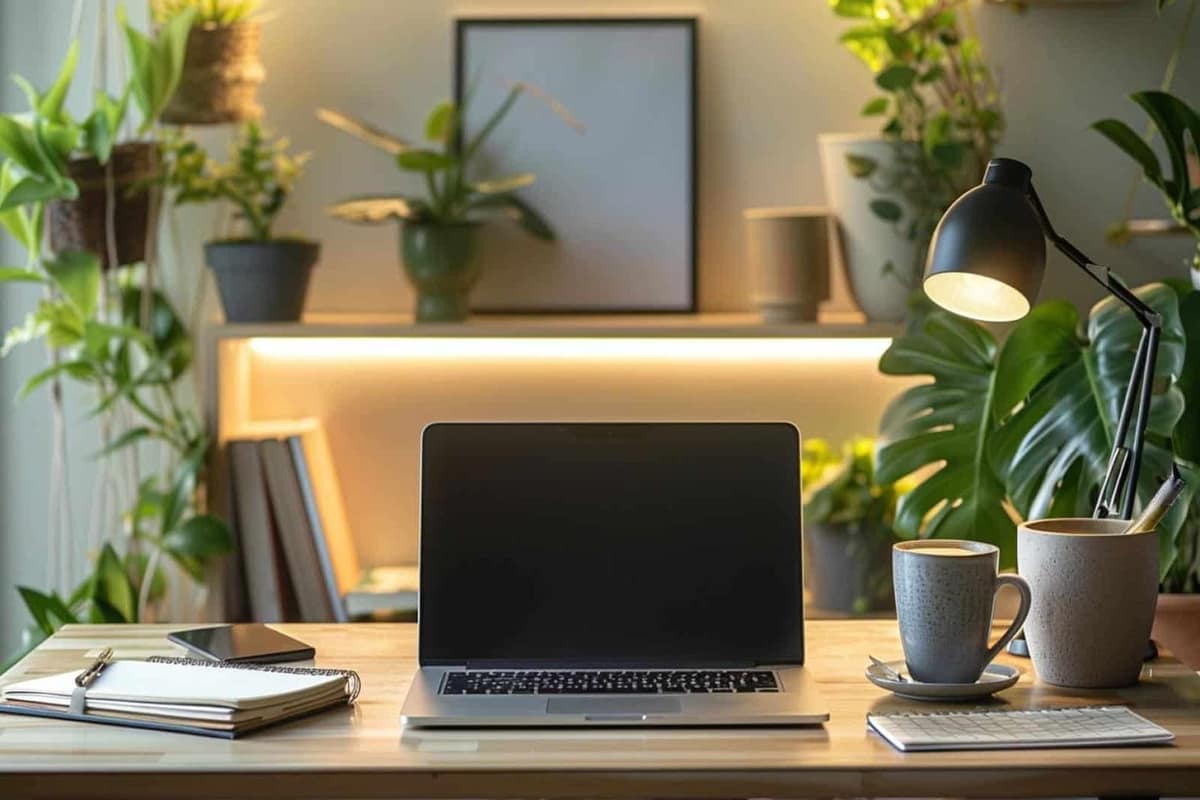 Bureau à domicile organisé avec écran, chaise réglable, lampe et rangements discrets