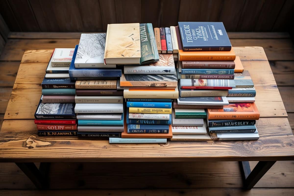 Sélection de livres variés sur une table de librairie indépendante