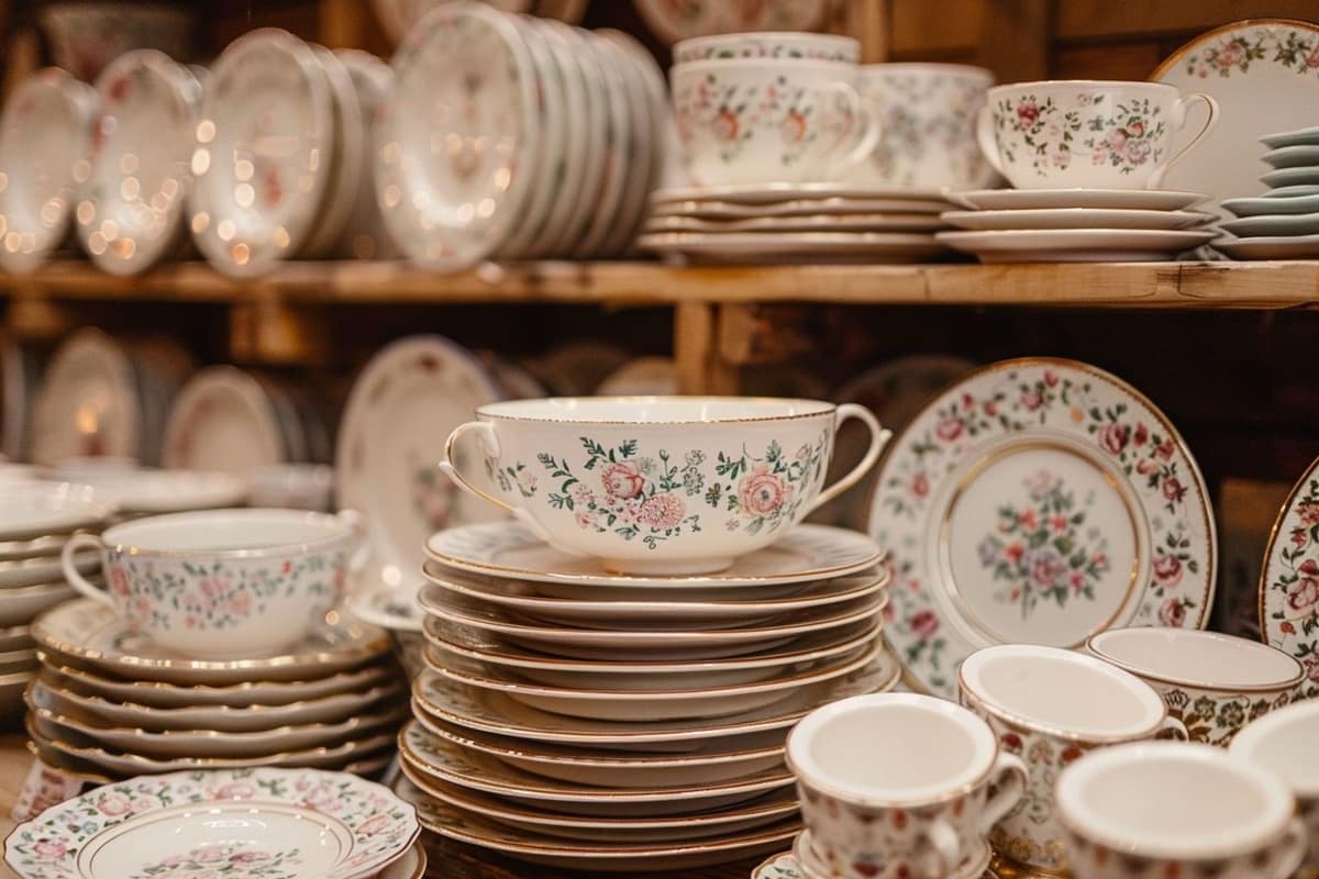 Vaisselle vintage dépareillée avec assiettes fleuries, verres ambrés et pichet en grès