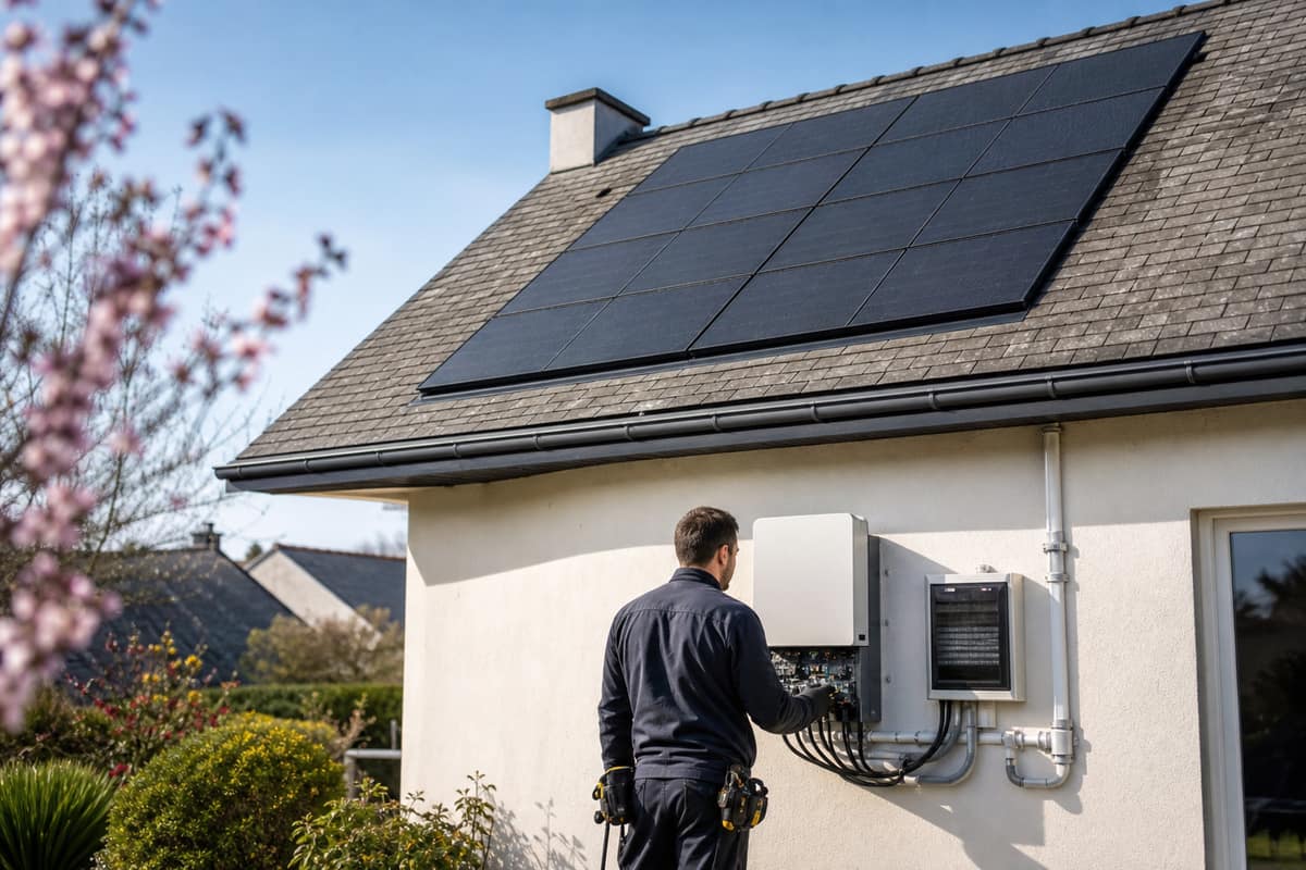 Toiture de maison équipée de panneaux solaires et onduleur photovoltaïque intérieur