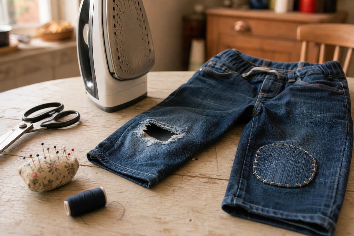 Pantalon en jean d’enfant avec un genou troué et l’autre réparé par une pièce cousue