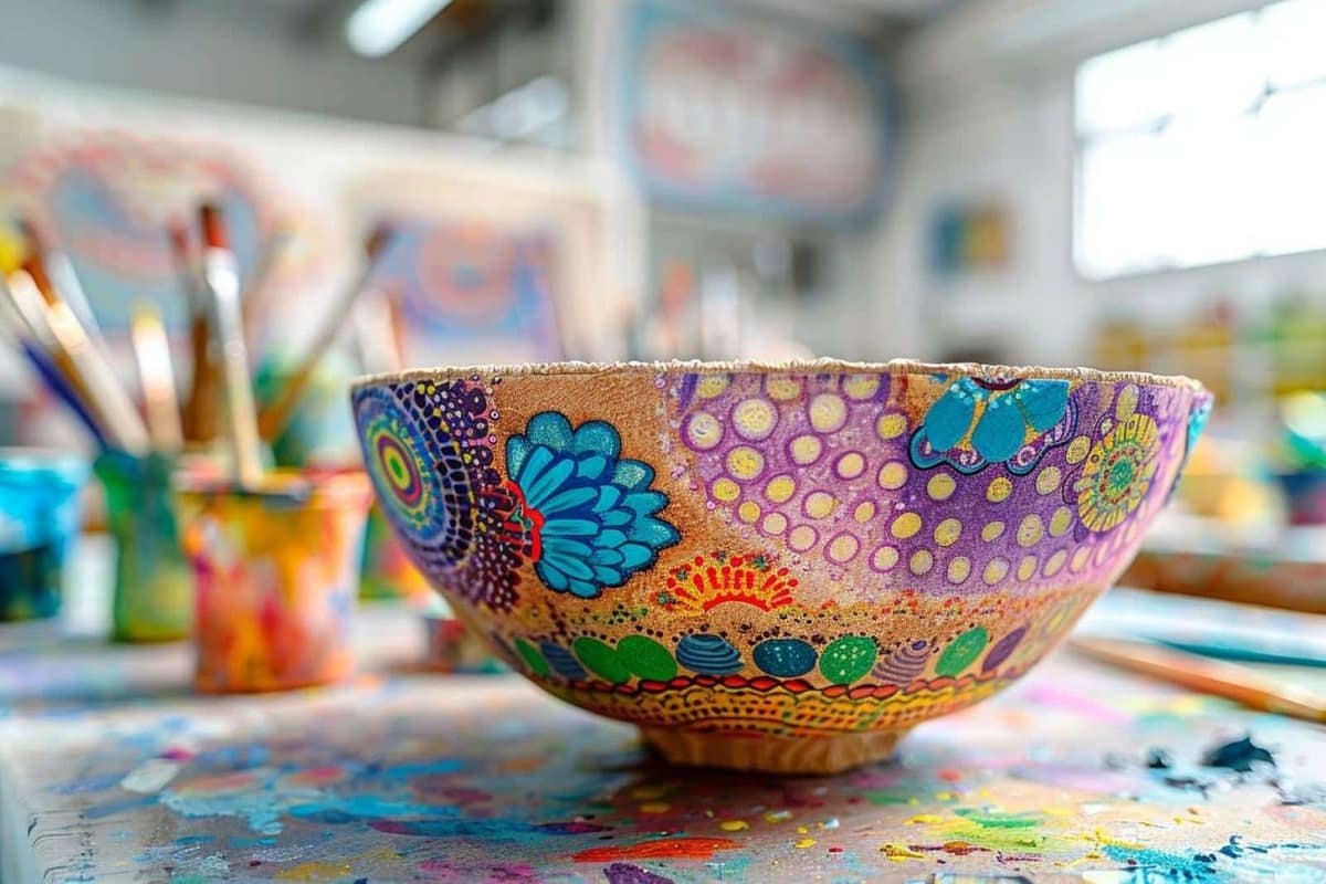 Coupelle décorative en papier mâché sur une table de bricolage en bois clair