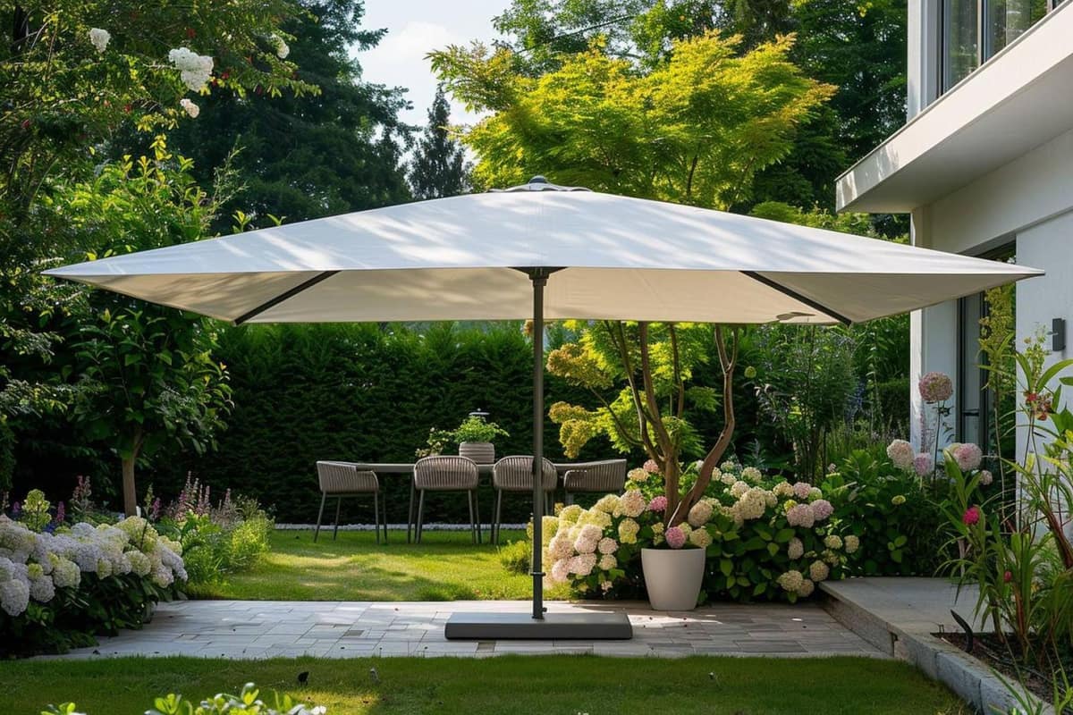 Voile d’ombrage tendue au-dessus d’une terrasse de jardin avec table en bois
