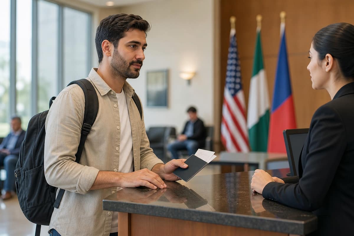 Voyageur présentant des documents à un guichet de consulat