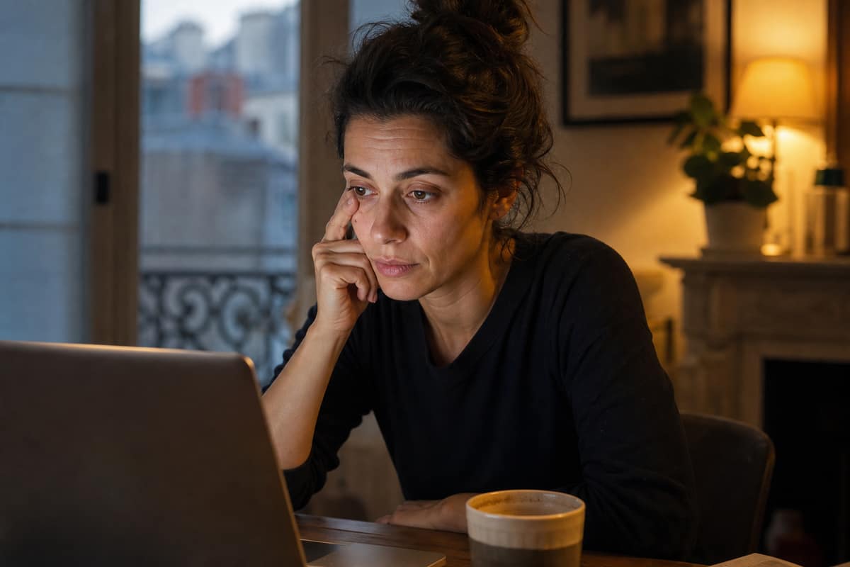 Personne fatiguée devant un ordinateur portable qui touche sa paupière inférieure du bout du doigt