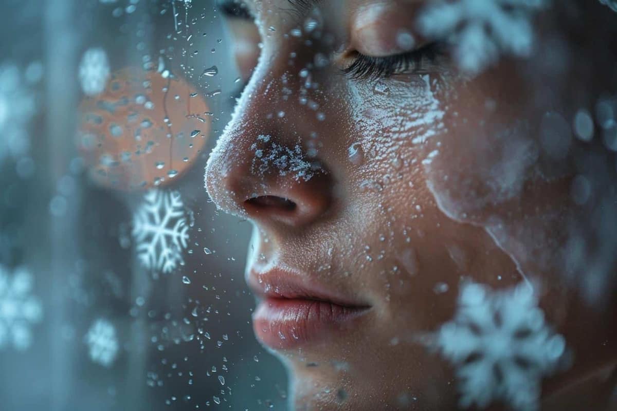 Baume hydratant, serviette et gants posés dans une salle de bains hivernale
