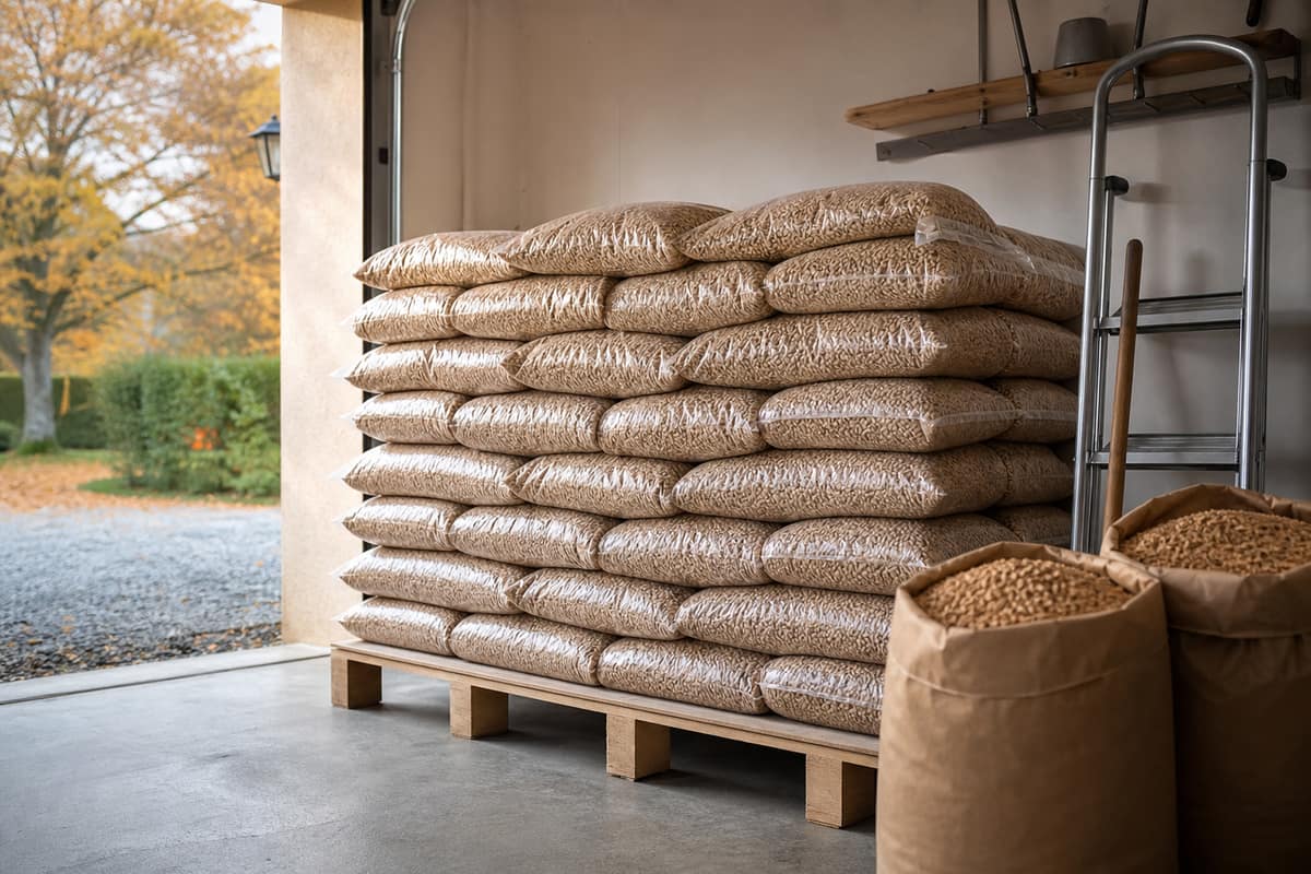 Palette de sacs de pellets stockée au sec dans un garage