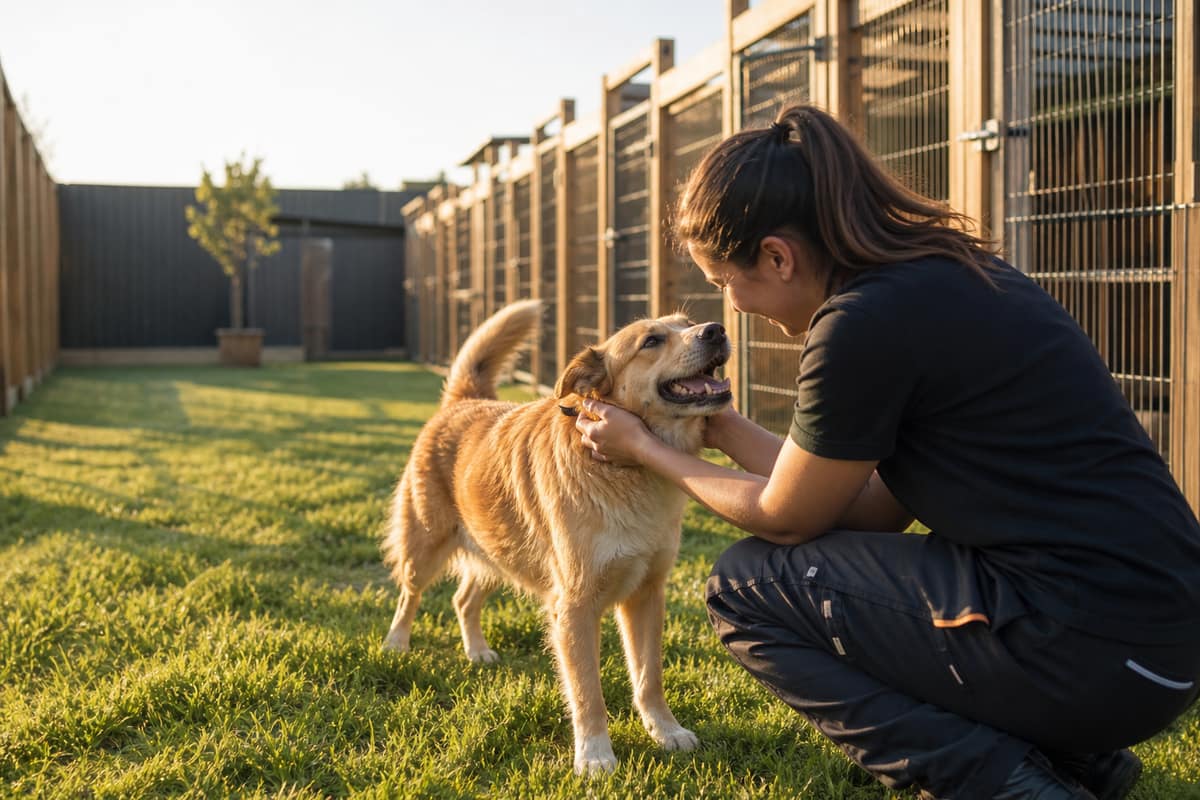 Chien accueilli par une soignante dans le jardin d'une pension canine