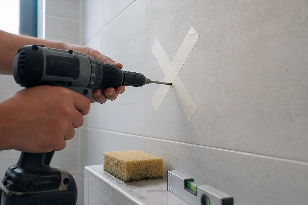 Perceuse équipée d’un foret à carrelage posée sur une croix d’adhésif collée sur un carreau gris