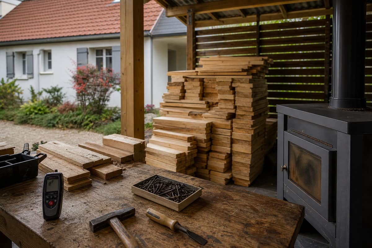 Planches de palette propres séchant sous abri avec outils de démontage