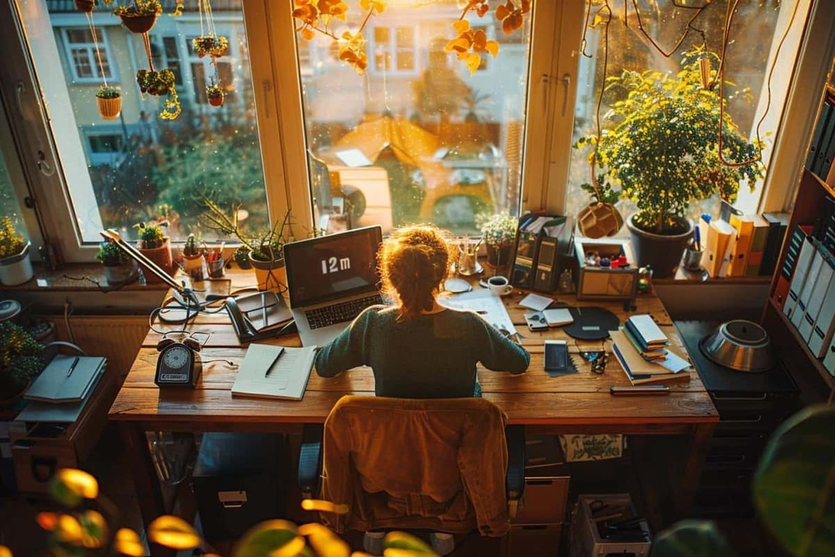 Planning hebdomadaire et ordinateur sur un bureau de télétravail lumineux