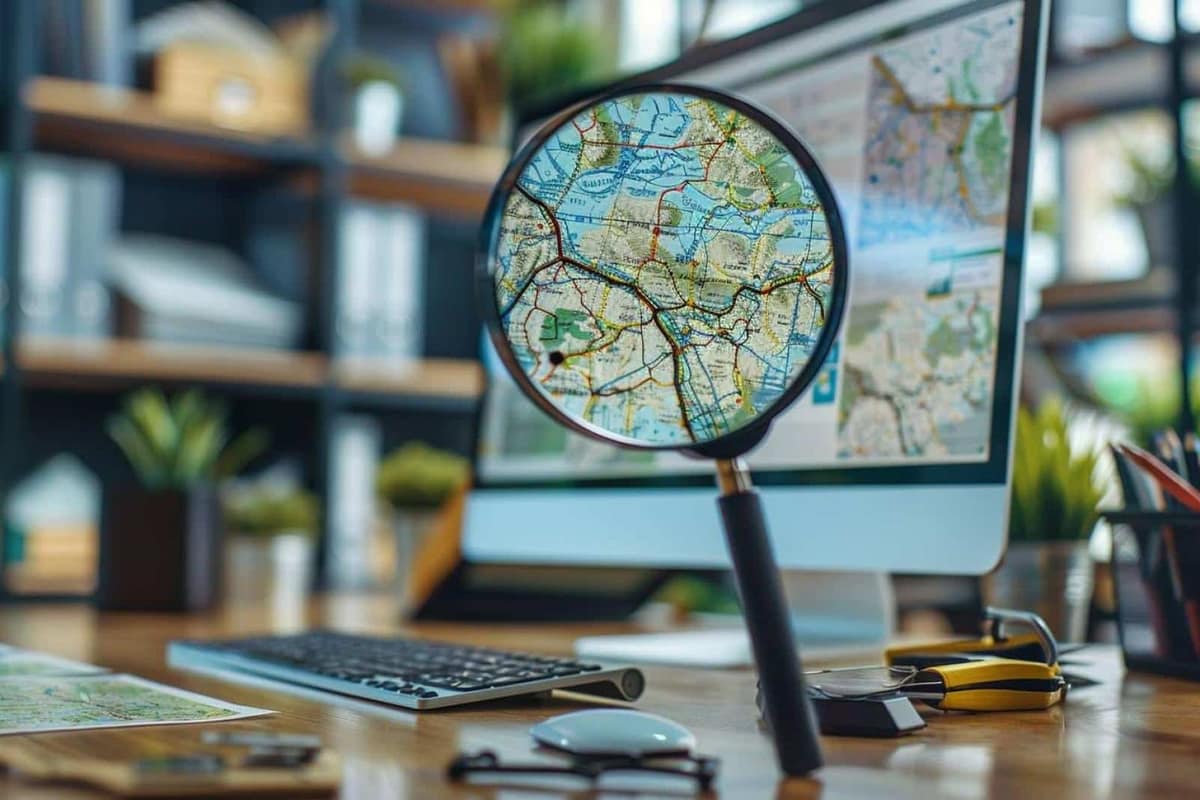 Poste de travail avec cartes imprimées et logiciel de cartographie à l’écran
