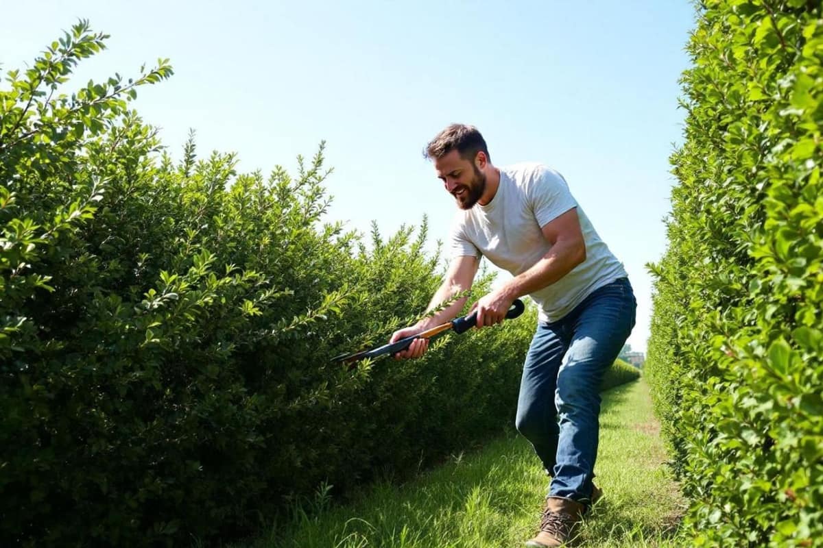 Taille-haies sur batterie et cisaille devant une haie de jardin résidentiel