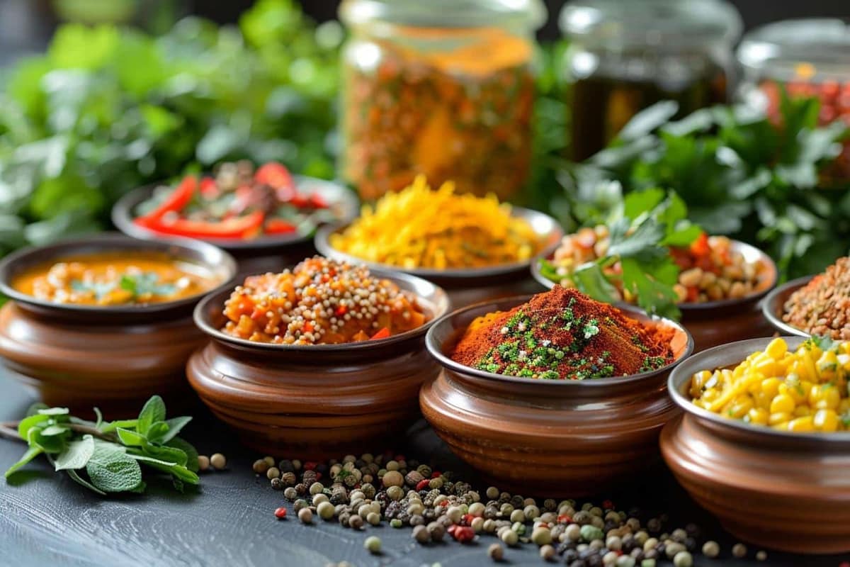 Table de cuisine avec curry, tacos, empanadas et condiments frais
