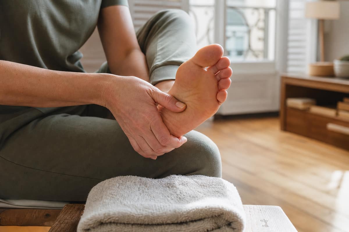 Main massant doucement la plante d’un pied nu sur un tapis