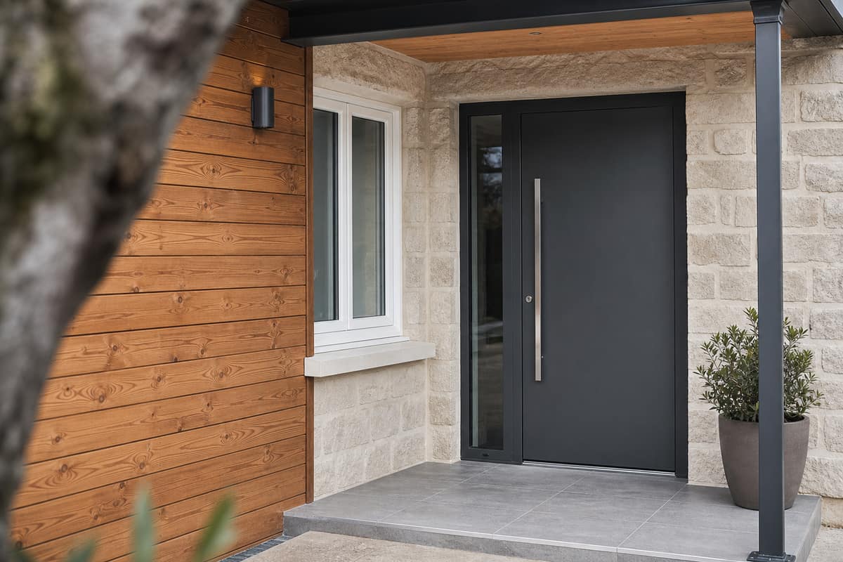 Porte d’entrée contemporaine avec détails en bois, PVC, acier et aluminium