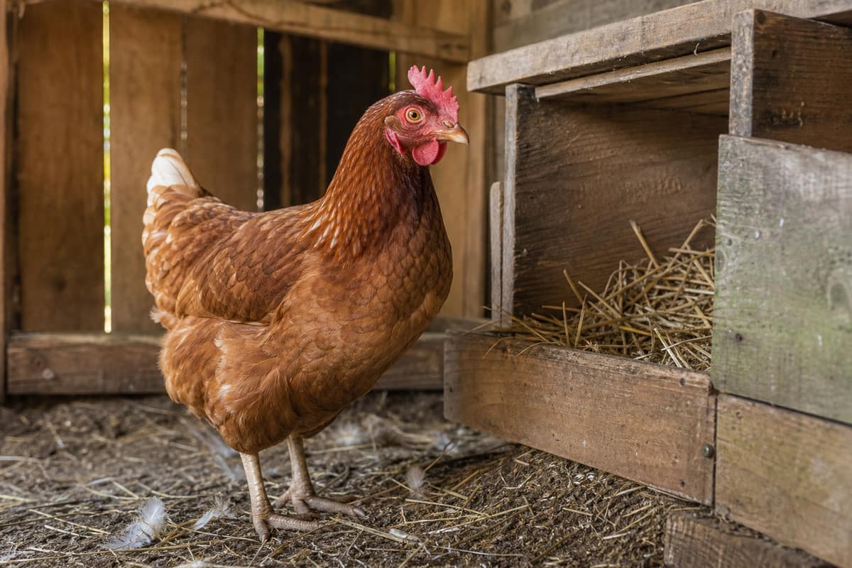 Poule rousse devant un nid de paille vide dans un poulailler en bois