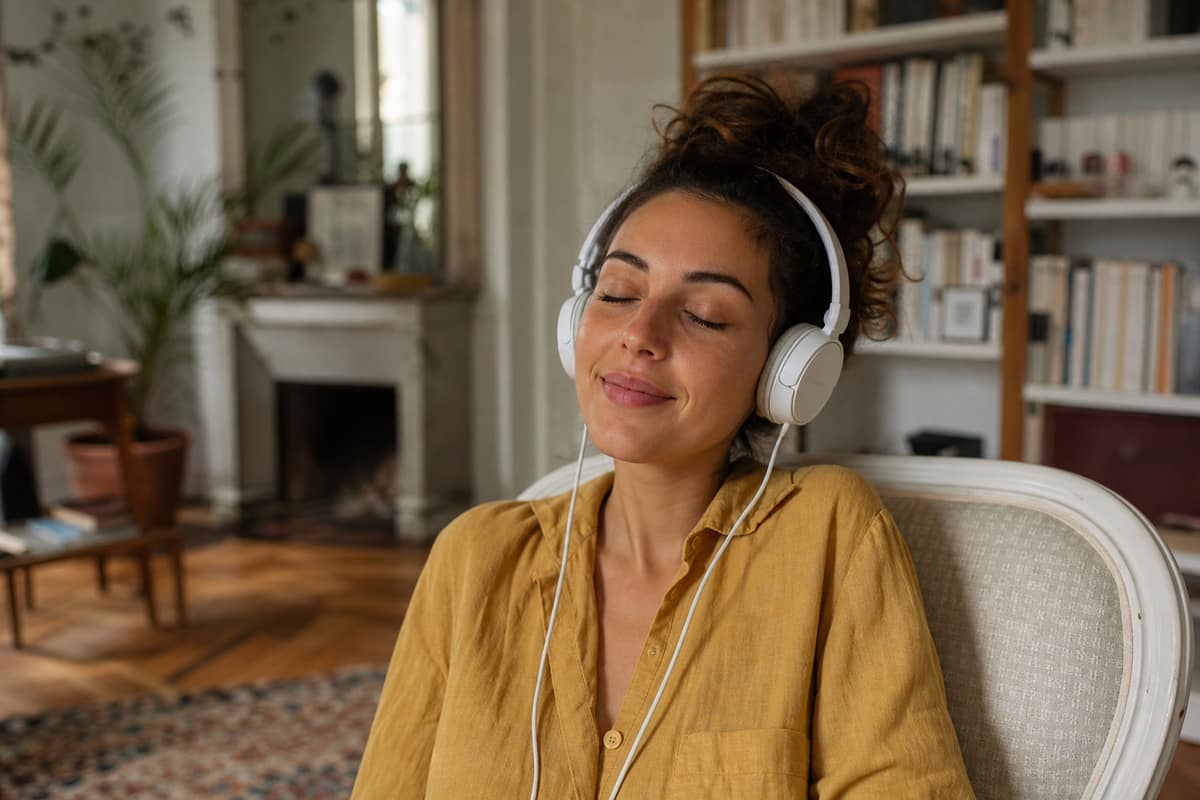 Personne les yeux fermés qui écoute de la musique au casque