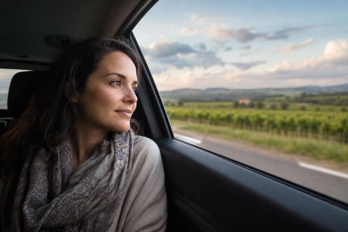 Passager détendu qui regarde le paysage par la fenêtre d'une voiture