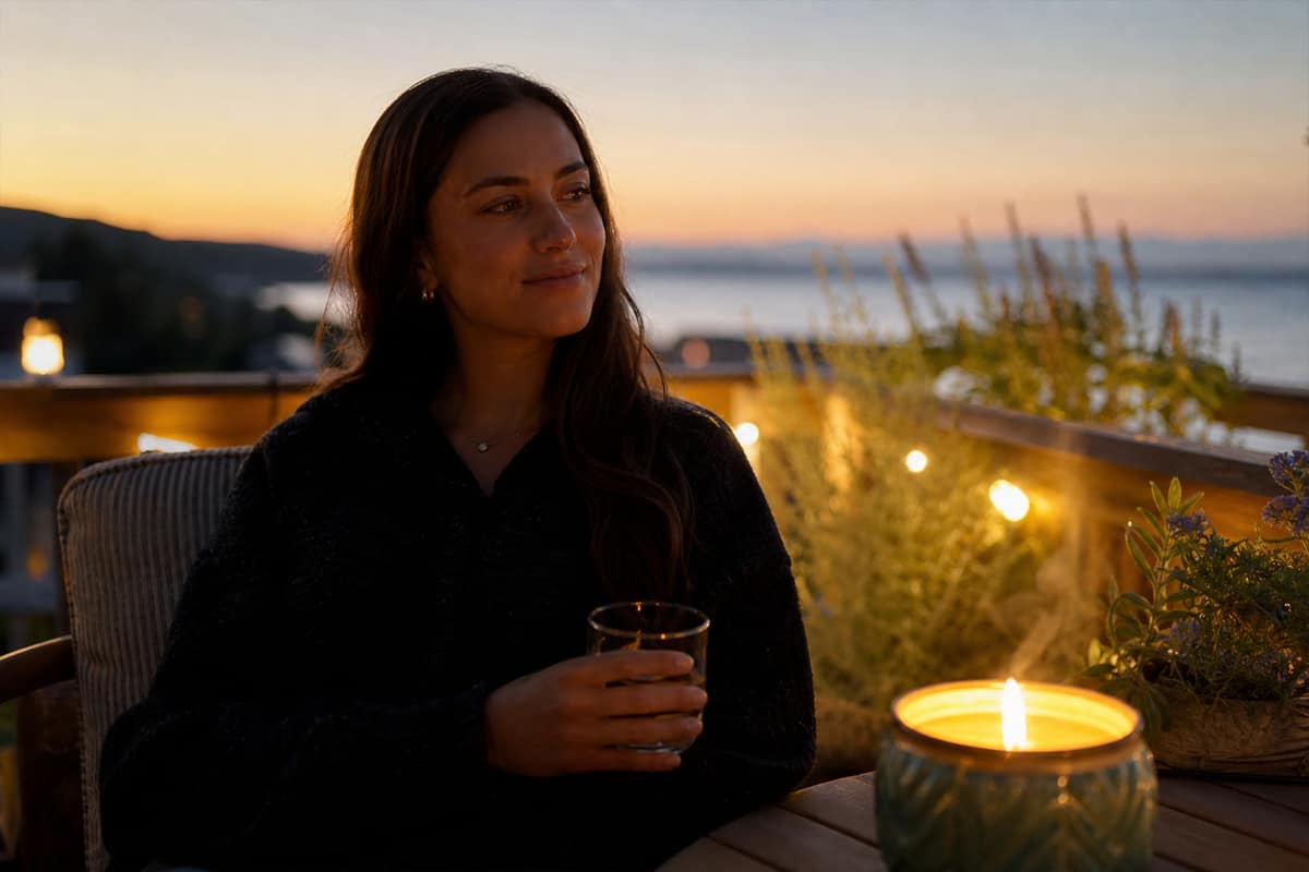 Personne assise sur une terrasse au crépuscule près d'une bougie citronnelle