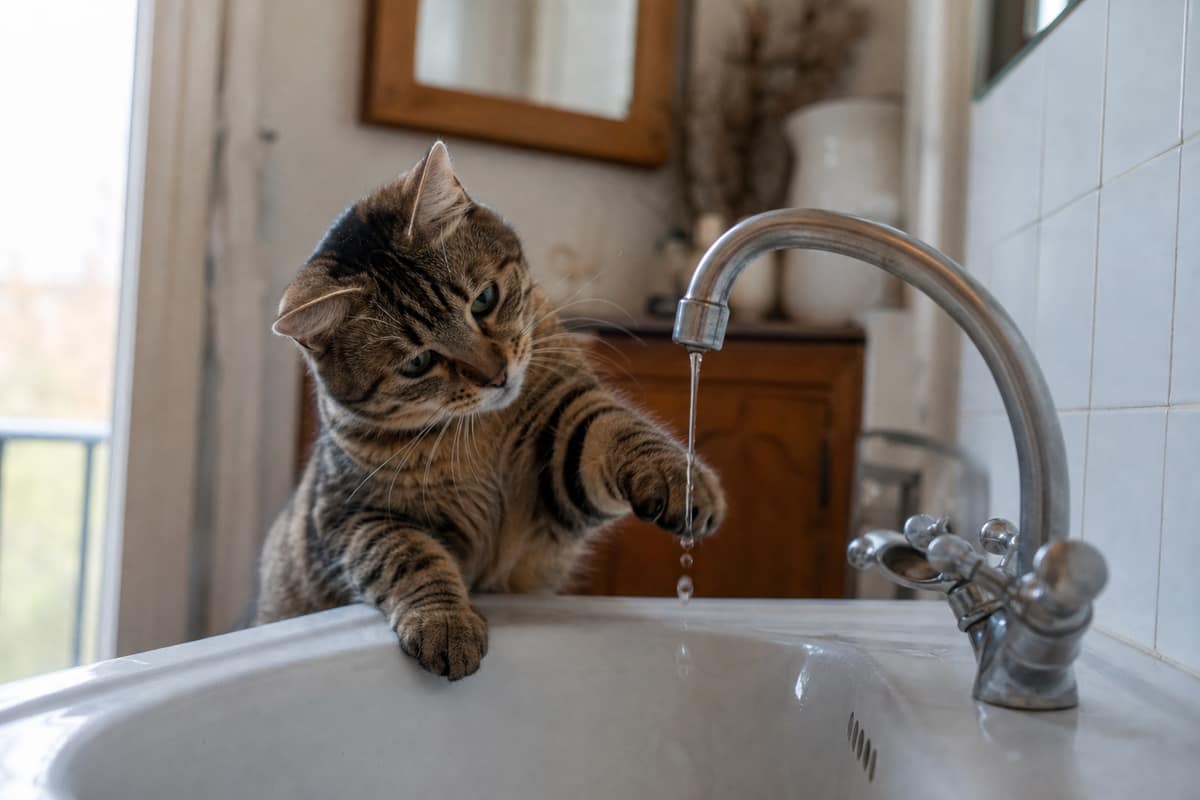 Chat curieux qui touche du bout de la patte l'eau d'un robinet