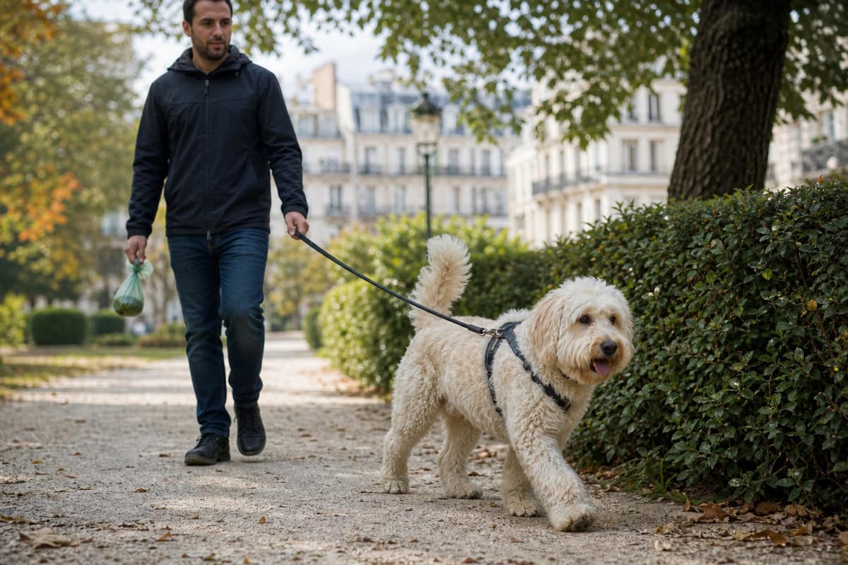 Chien en promenade dans un parc tenu en laisse par son propriétaire