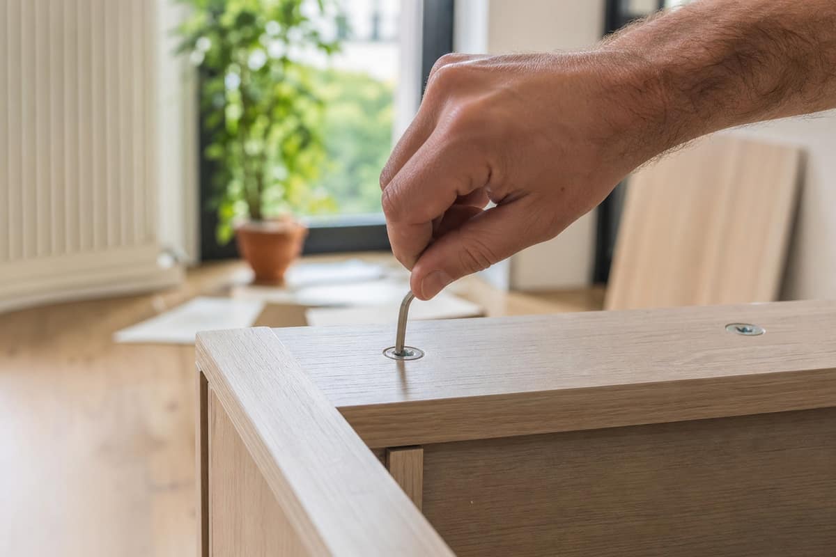 Main qui resserre une vis sur un meuble en kit avec une clé Allen