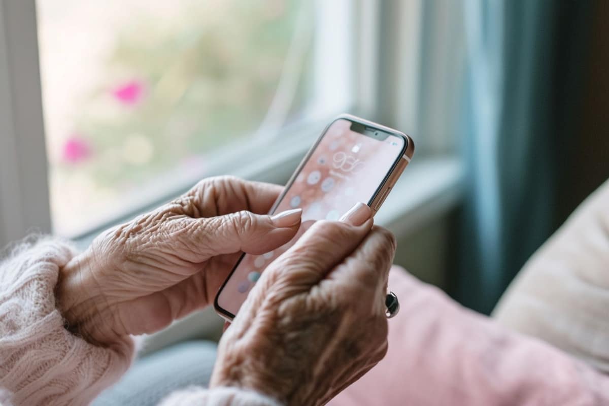 Mains réglant un smartphone avec lunettes et carnet de contacts sur une table