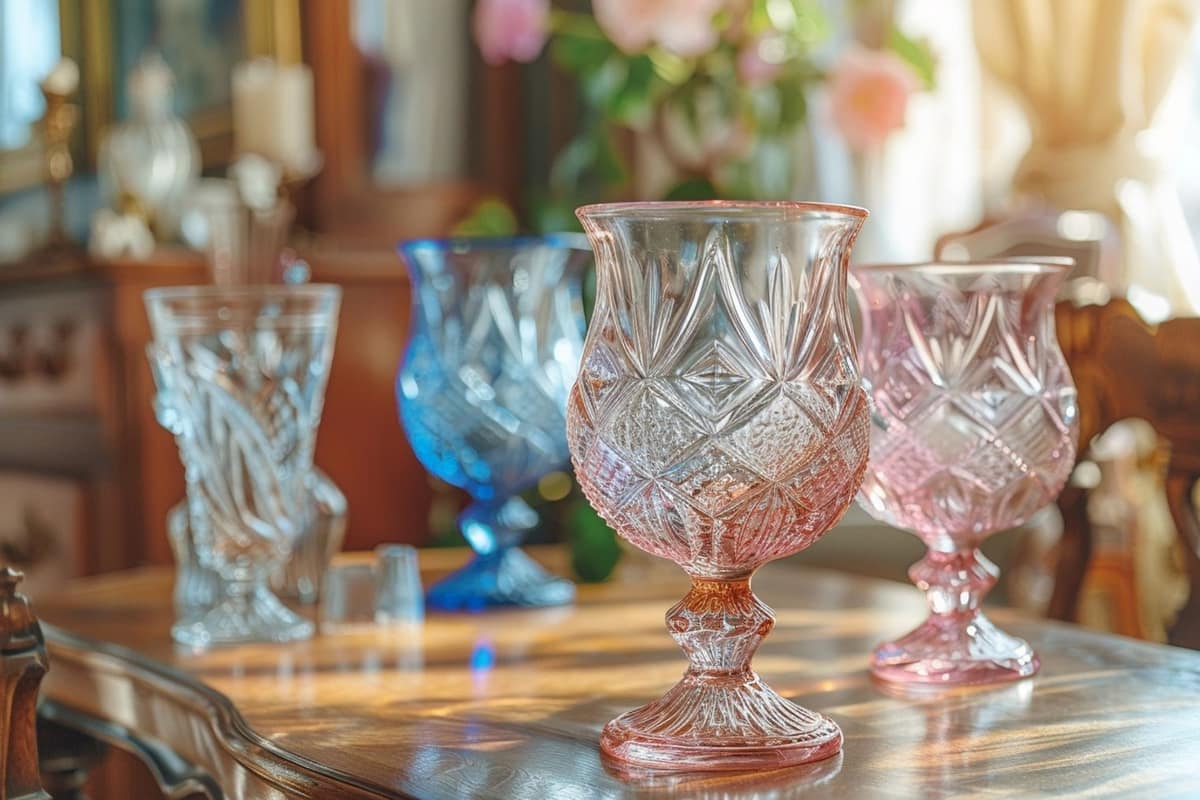 Verres ambrés, carafe taillée et vase opalin sur un buffet en bois clair