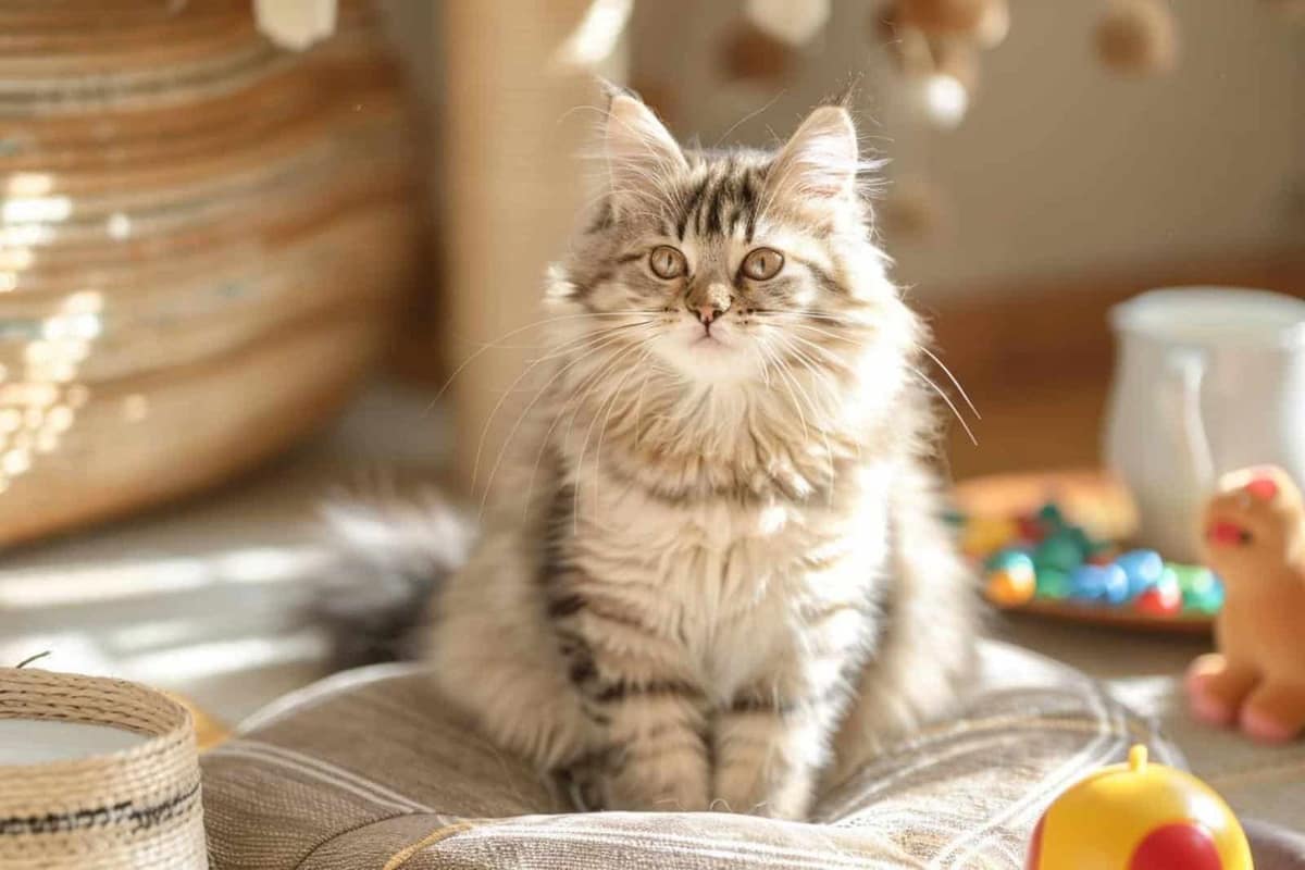 Chat domestique buvant une petite portion de lait près d’une gamelle d’eau