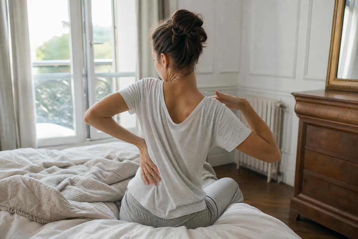 Personne assise sur le bord du lit qui s'étire le dos au réveil