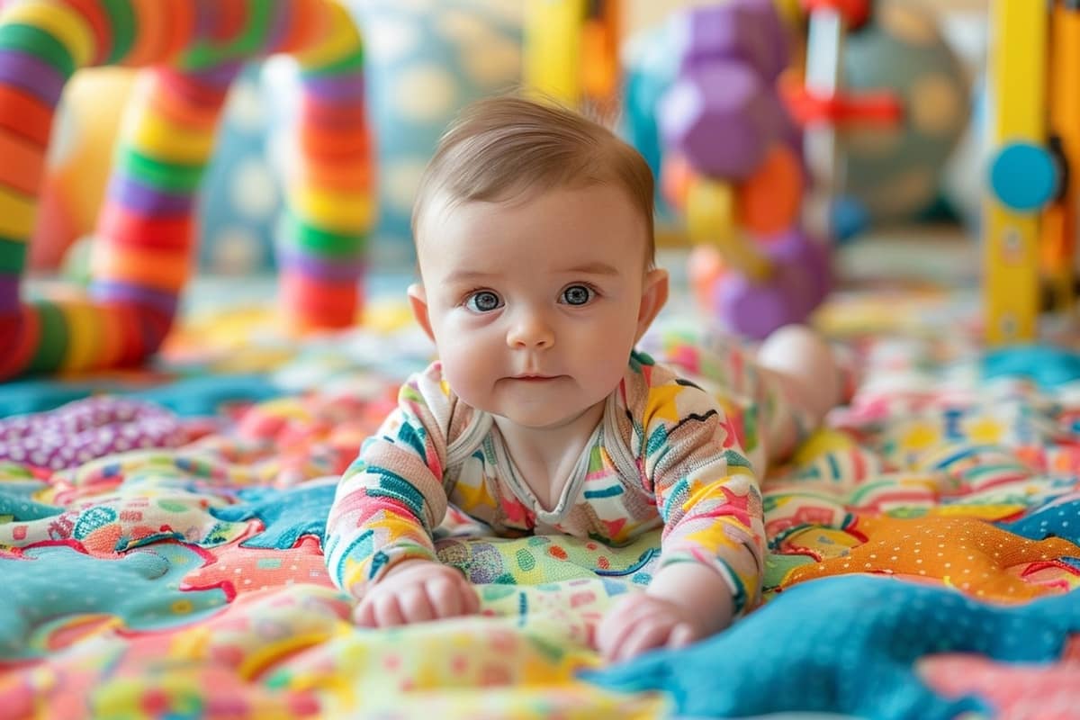 Bébé explorant un tunnel en mousse avec un parent sur tapis