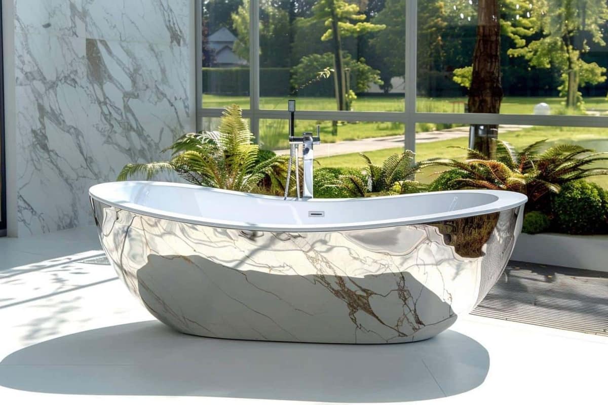 Baignoire blanche indépendante dans une salle de bains lumineuse aux carreaux minéraux