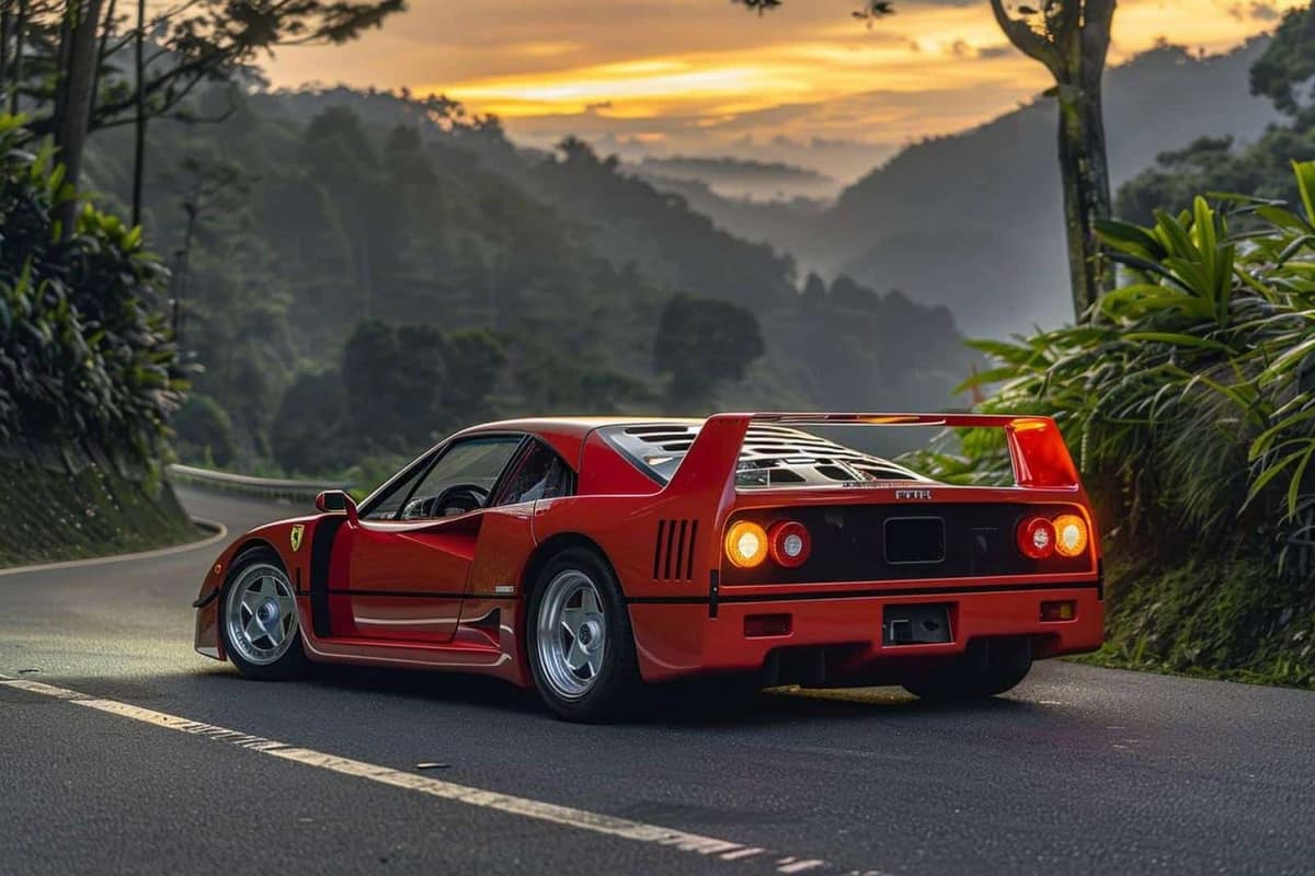 Ferrari F40 rouge garée sur une route de montagne italienne