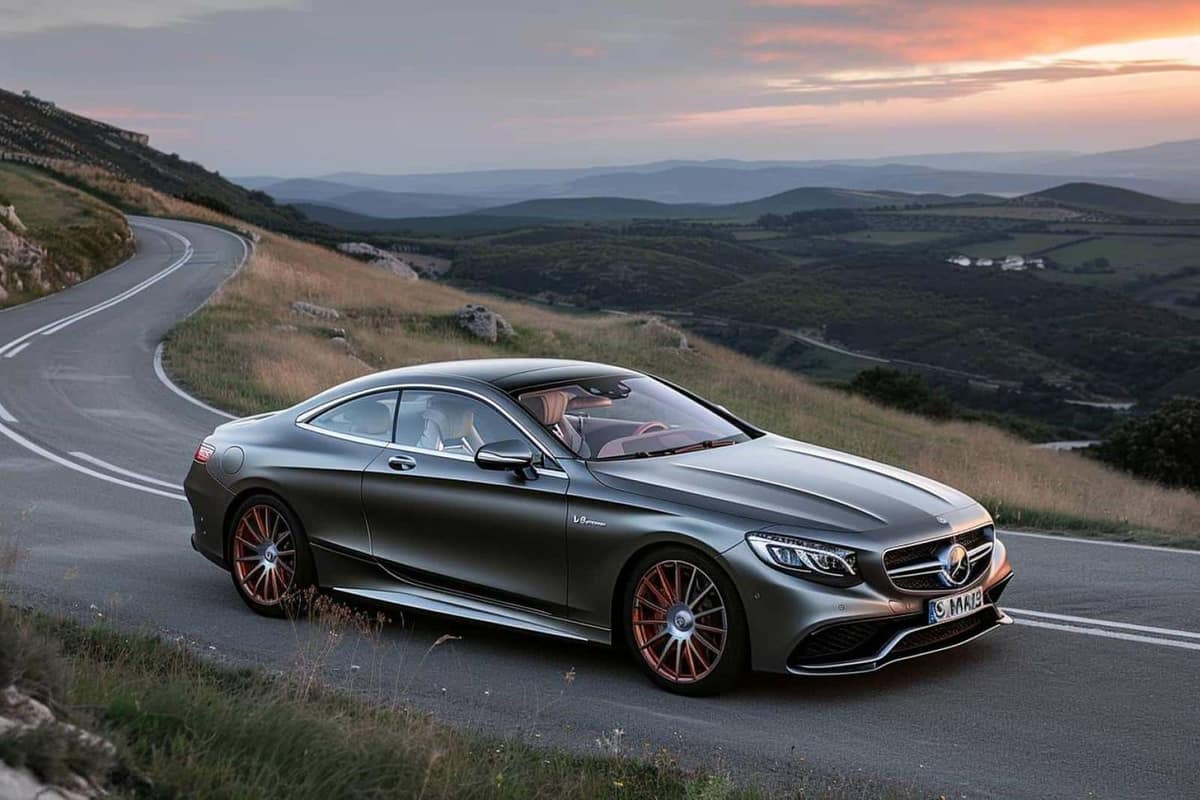 Grand coupé noir V12 stationné sur une route de montagne française