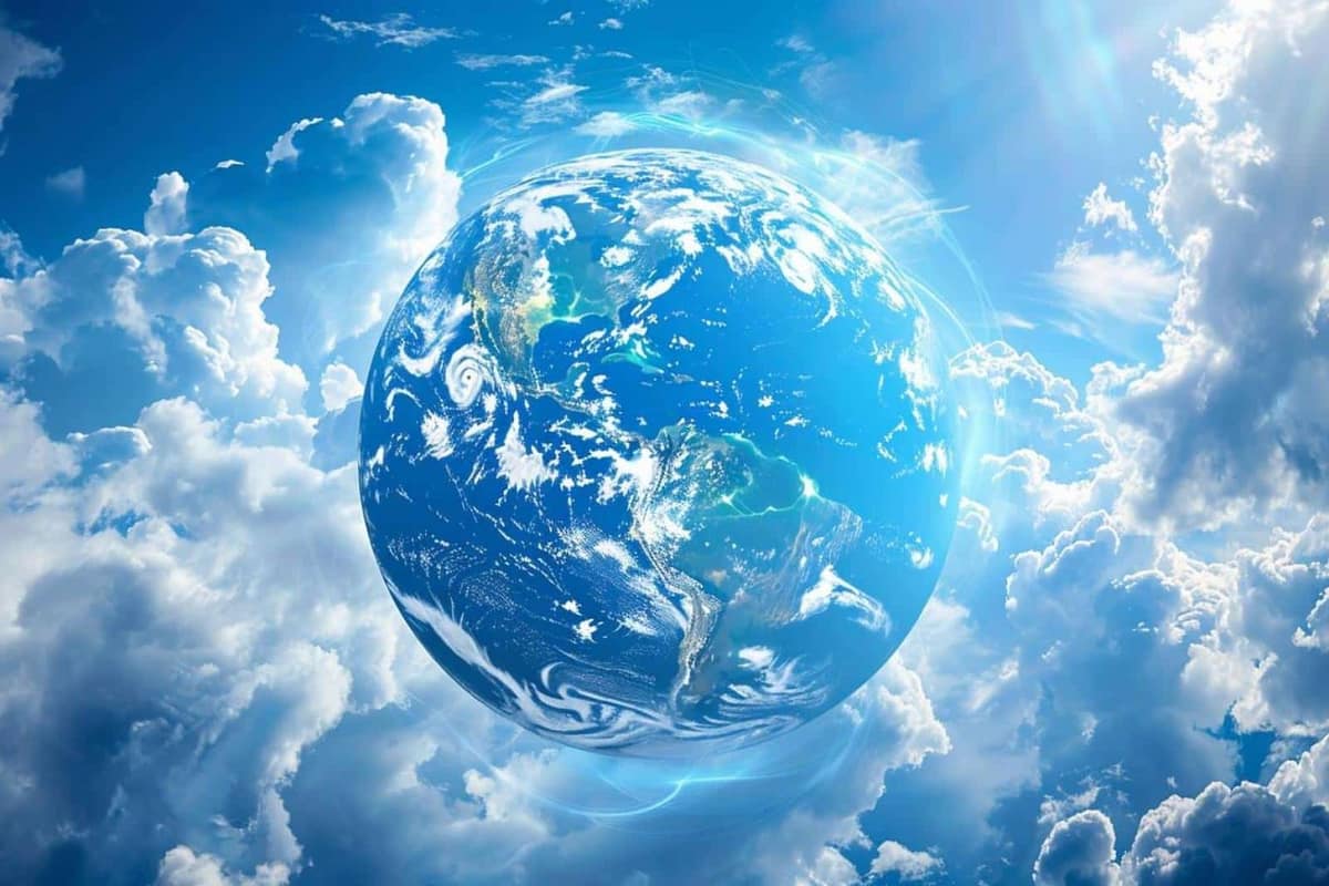 La Terre vue de l’espace avec océans bleus, nuages blancs et halo atmosphérique
