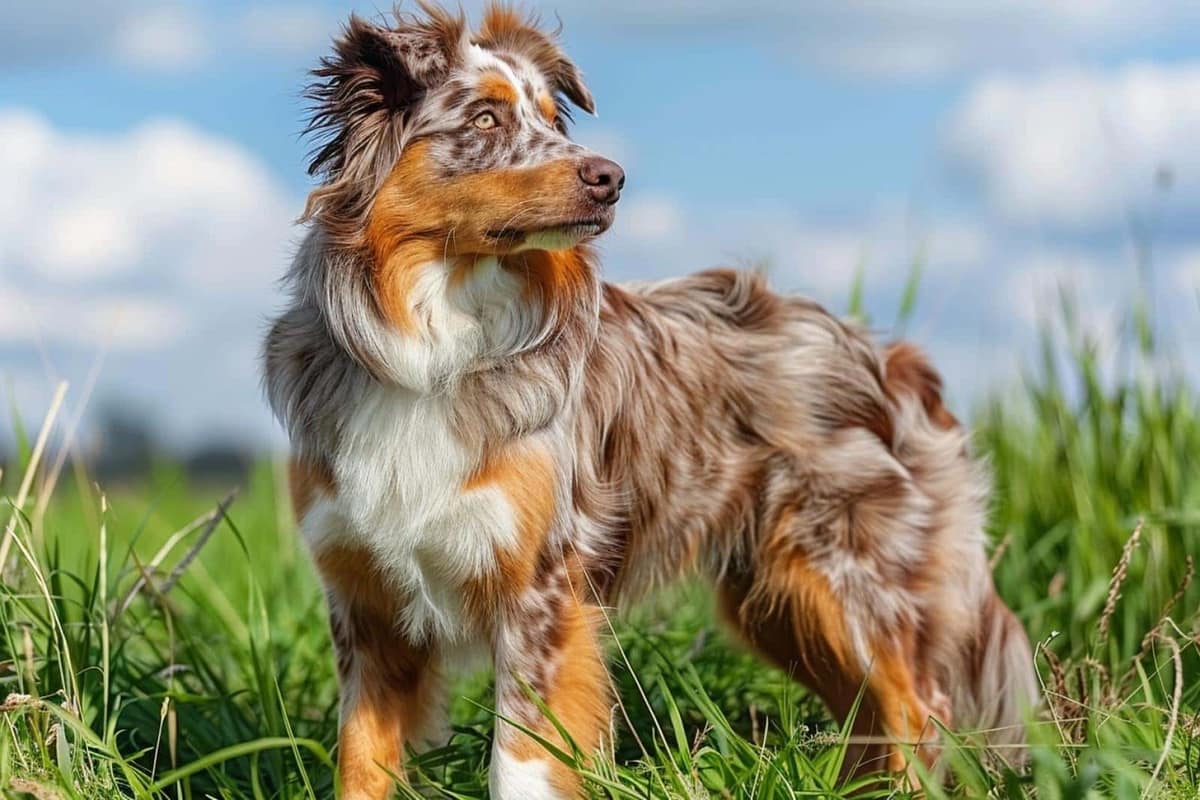 Berger Australien rouge merle en promenade familiale sur un sentier de campagne