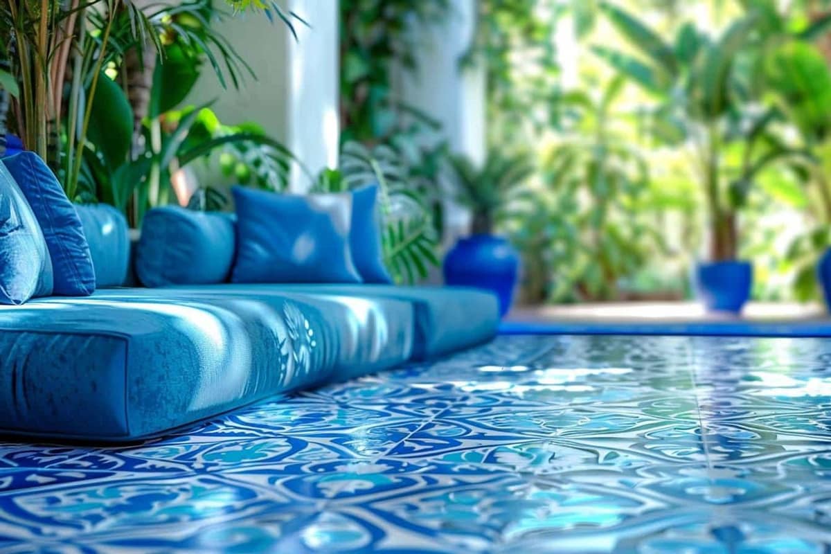 Salon lumineux avec mur bleu Majorelle, canapé en lin et bois clair