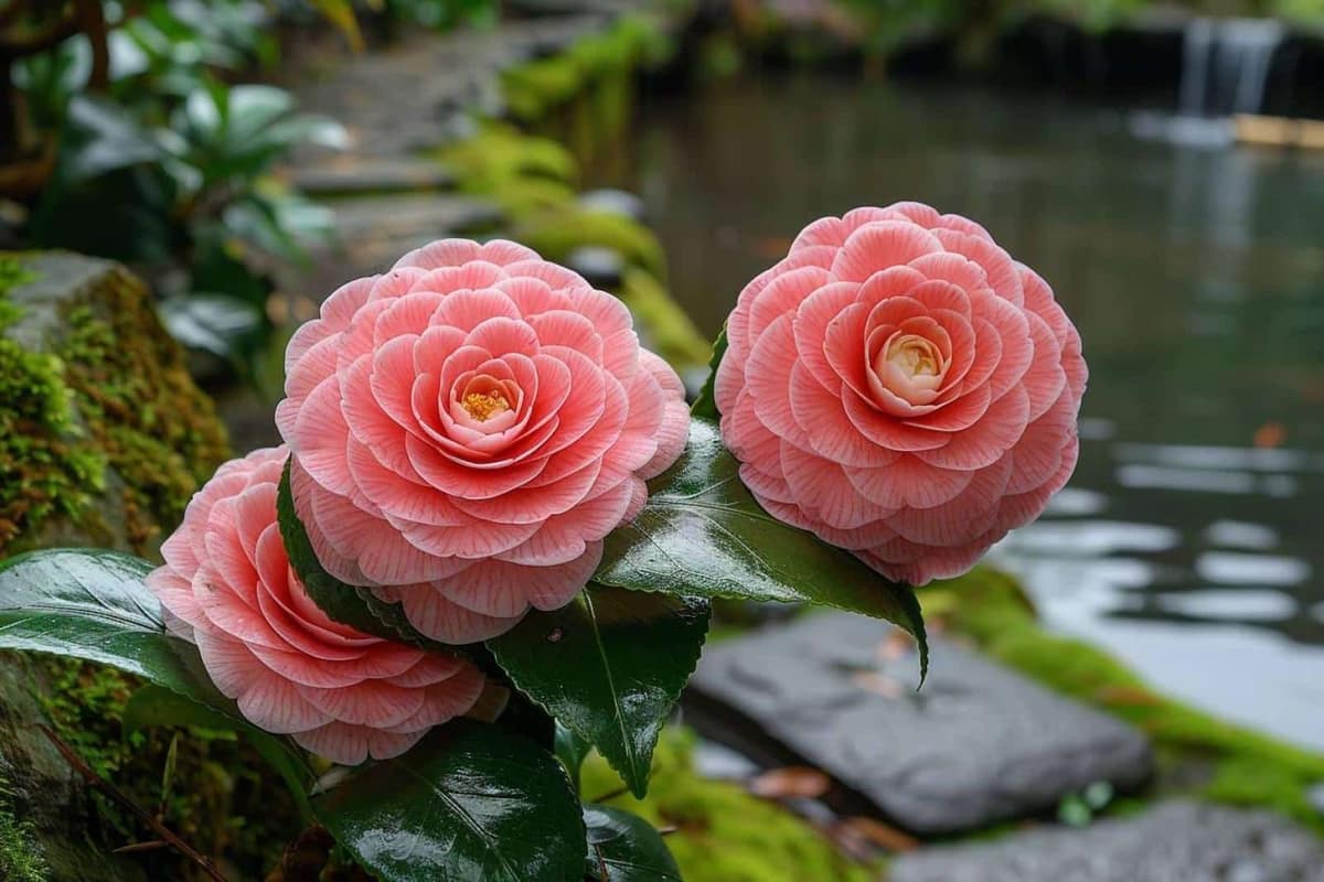 Camélia du Japon rose en fleurs dans un jardin au paillage d’écorces