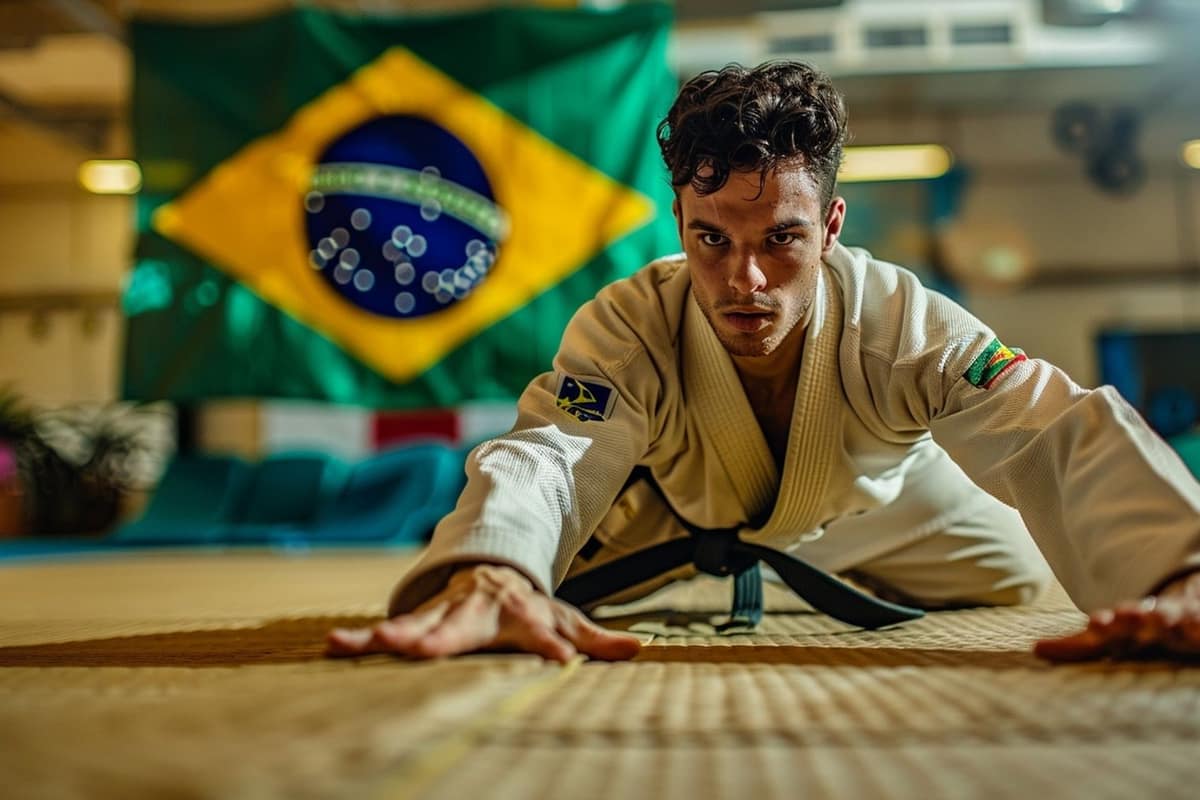 Deux pratiquants de jiu-jitsu brésilien s’entraînent au sol sur des tatamis.