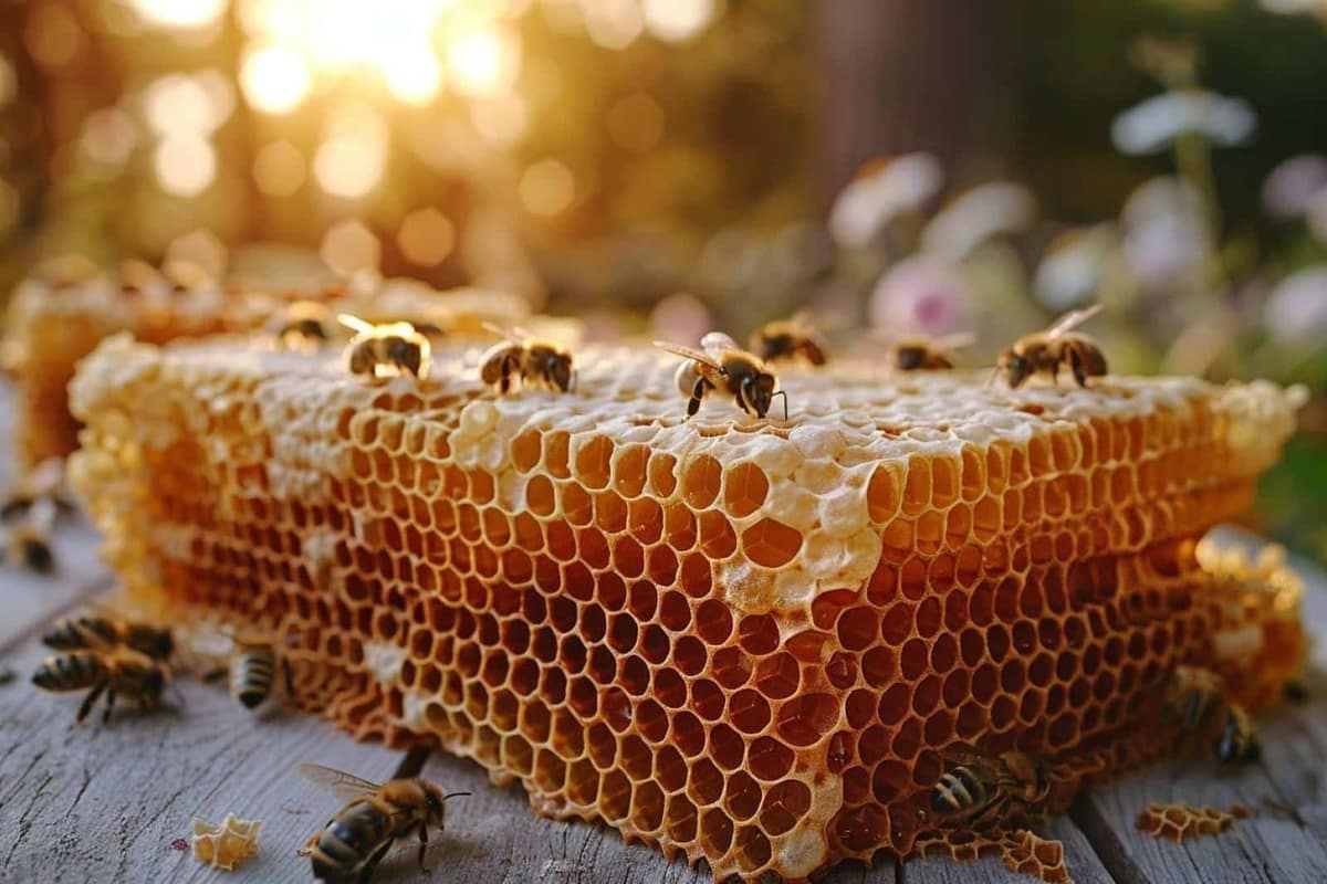 Rayon de cire aux alvéoles hexagonales occupé par des abeilles ouvrières