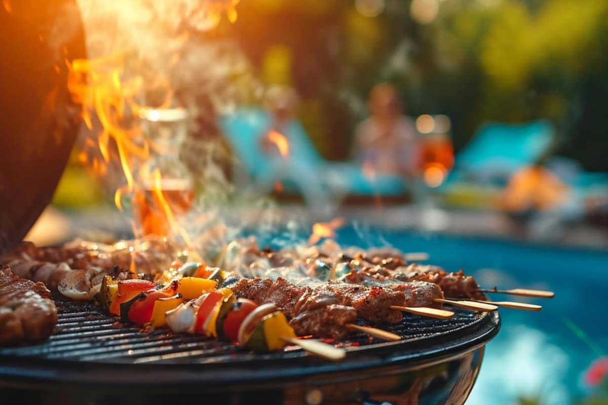 Table de barbecue printanier avec légumes grillés dans un jardin familial français