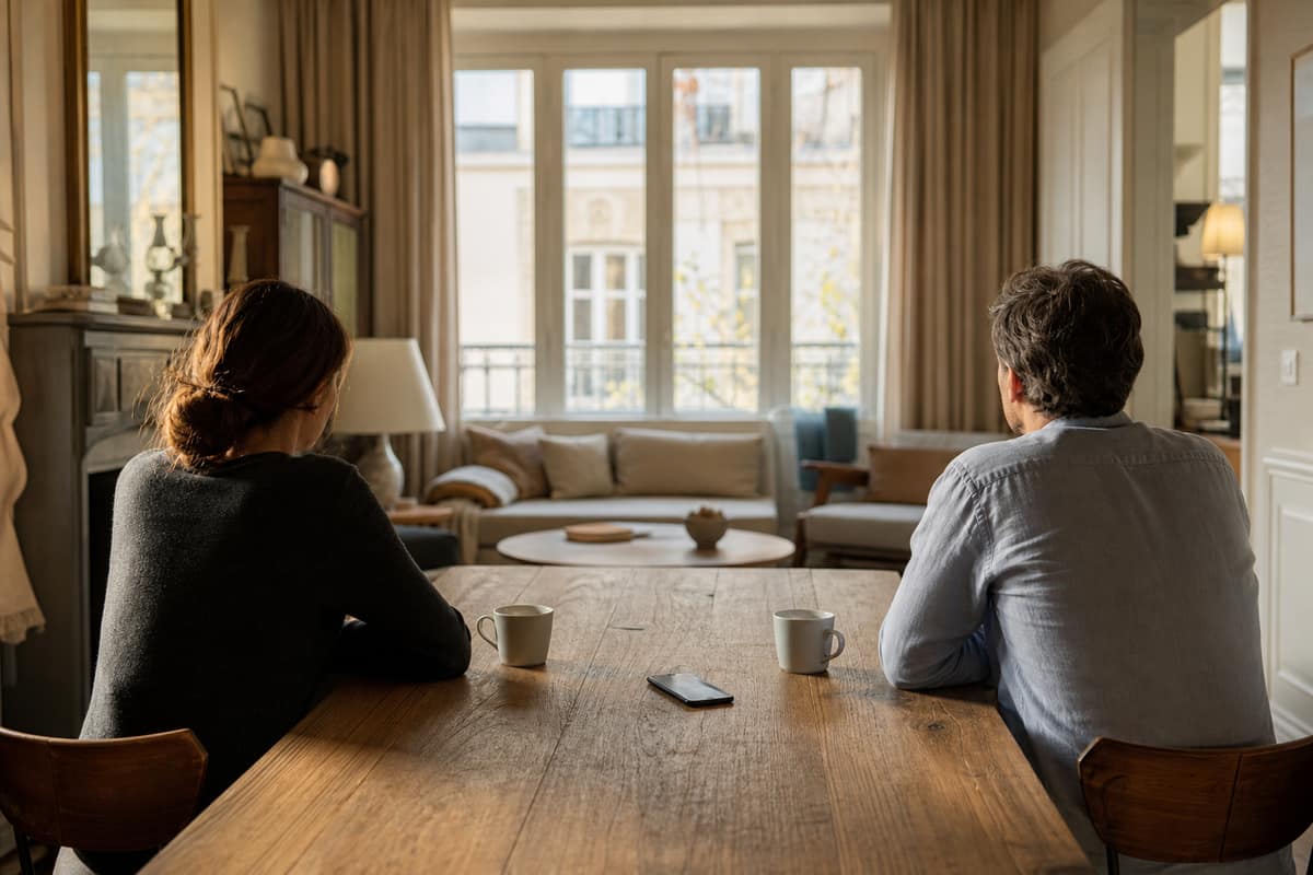 Couple assis séparément dans un salon calme pendant une pause de dialogue