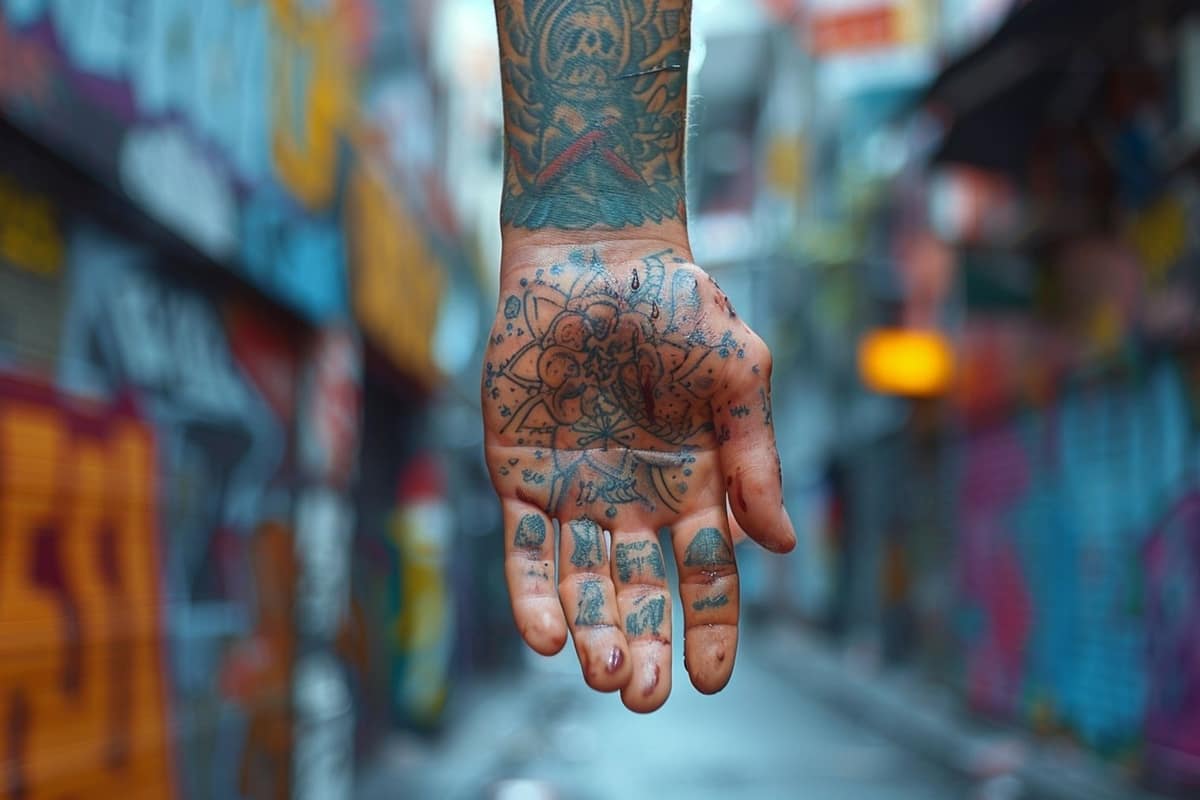 Tatoueur ganté réalisant un motif noir sur le dos d’une main masculine